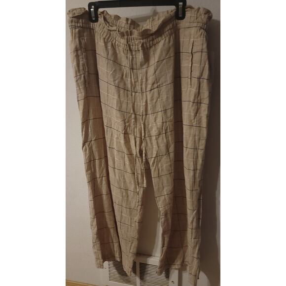 Zac Rachel Womens Pants Plus 2X Beige Blue Grid Plaid Linen Blend Chino Classic - Picture 1 of 8